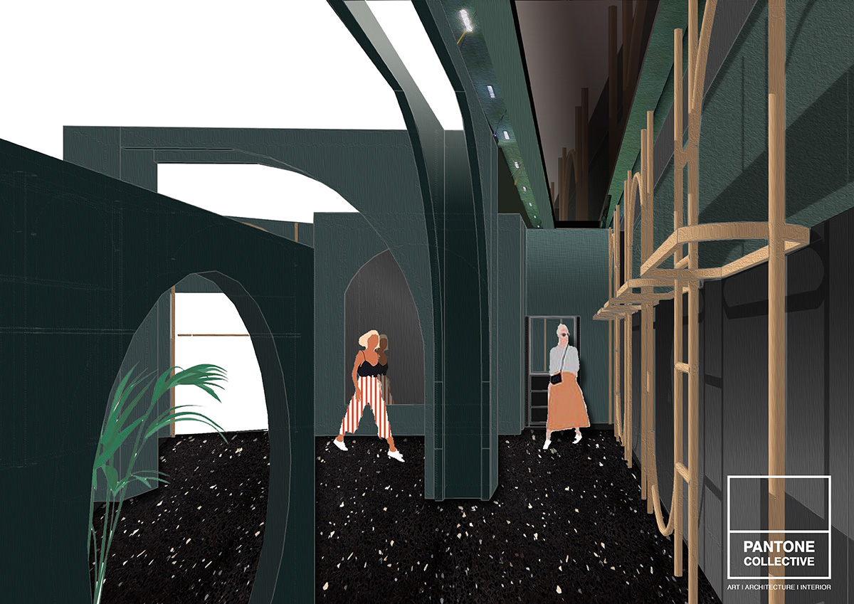 Pantone Collective Design Studio used dark colors of green in this flagship store in New Delhi