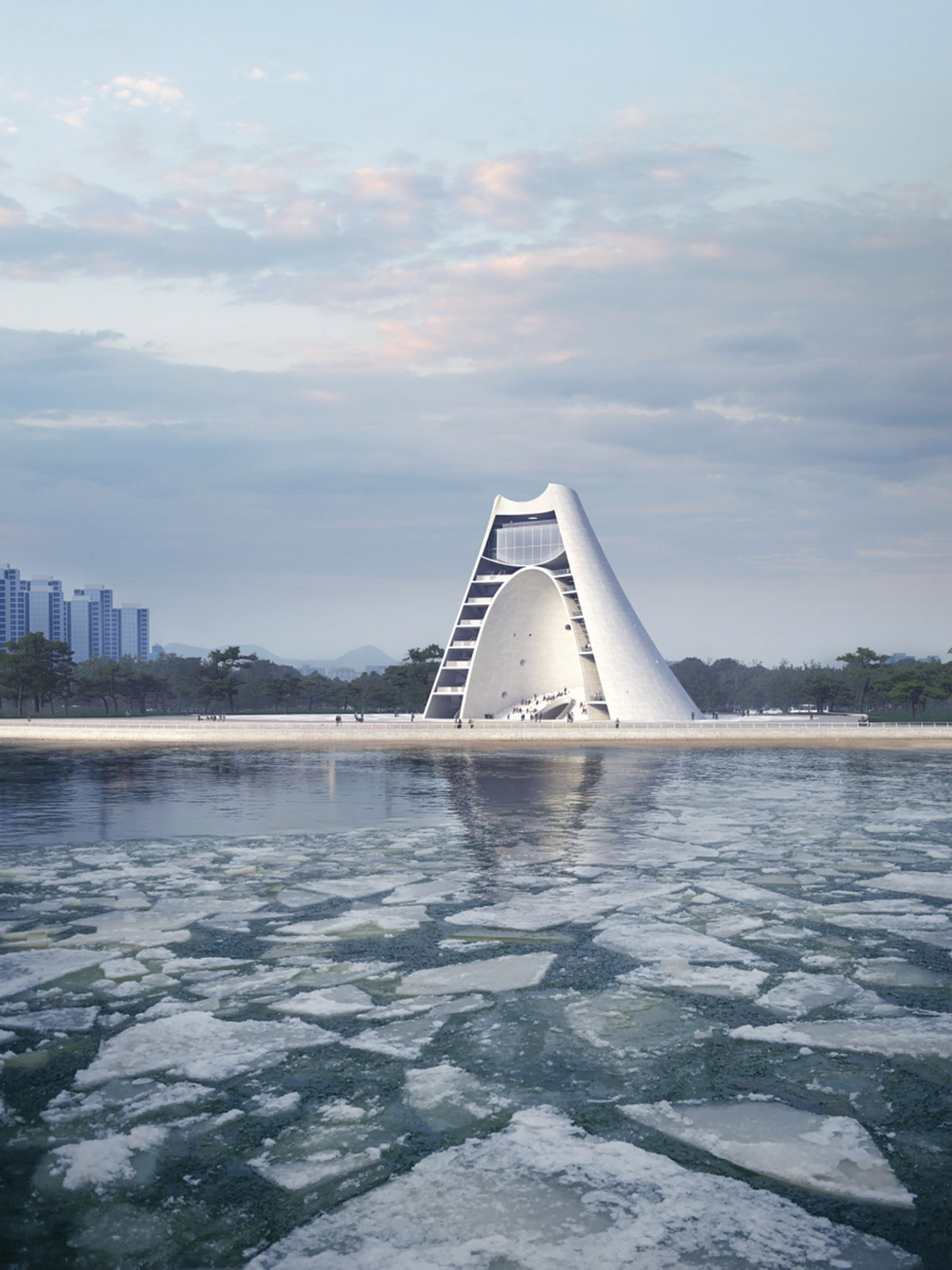 OPEN reveals its curvilinear Sun Tower with sliced silhouette on Yantai coast