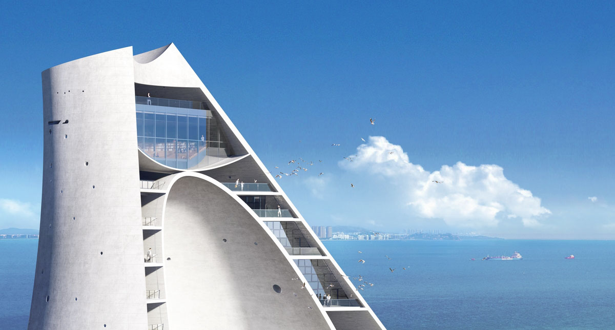 OPEN reveals its curvilinear Sun Tower with sliced silhouette on Yantai coast