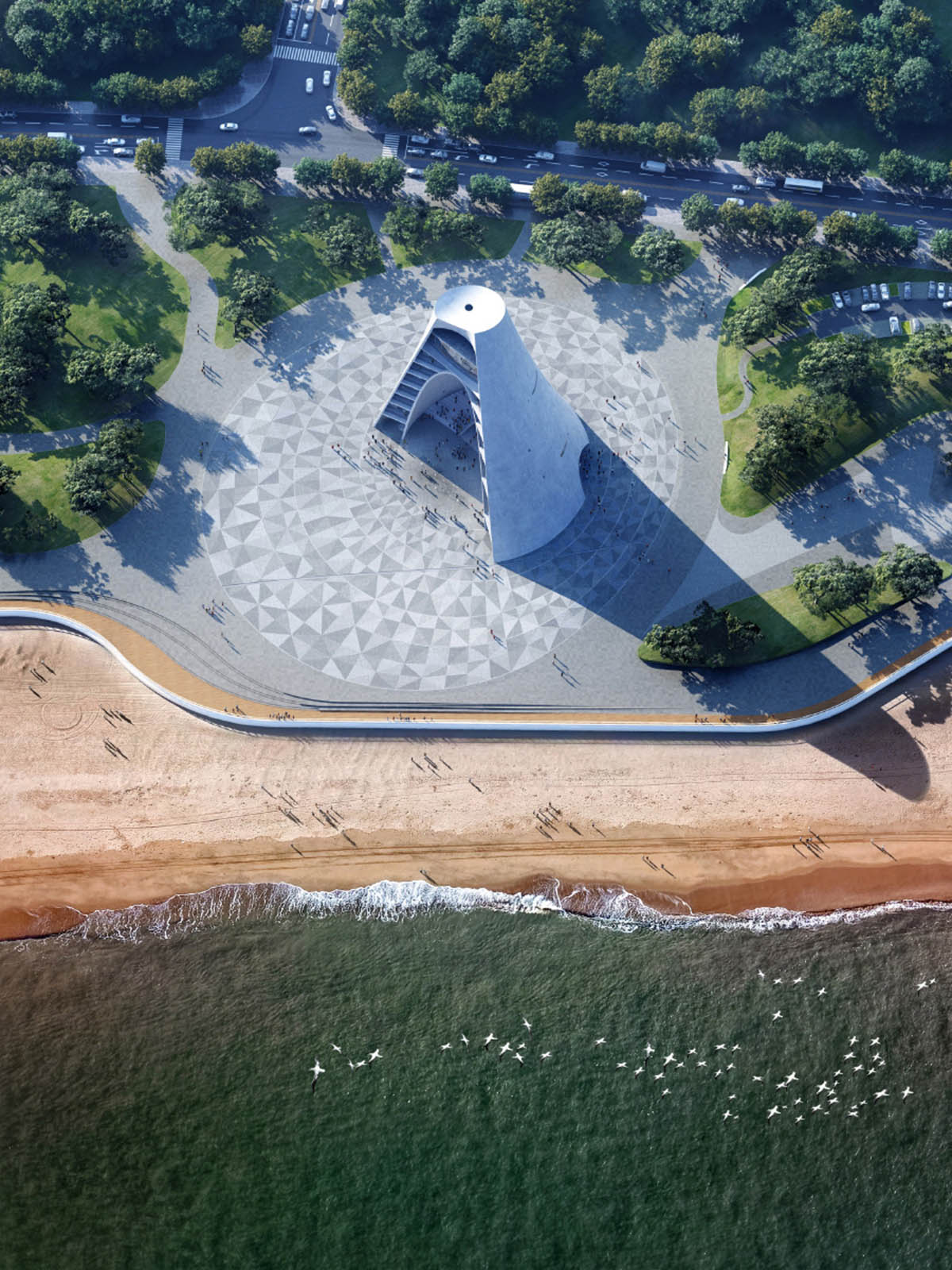 OPEN reveals its curvilinear Sun Tower with sliced silhouette on Yantai coast