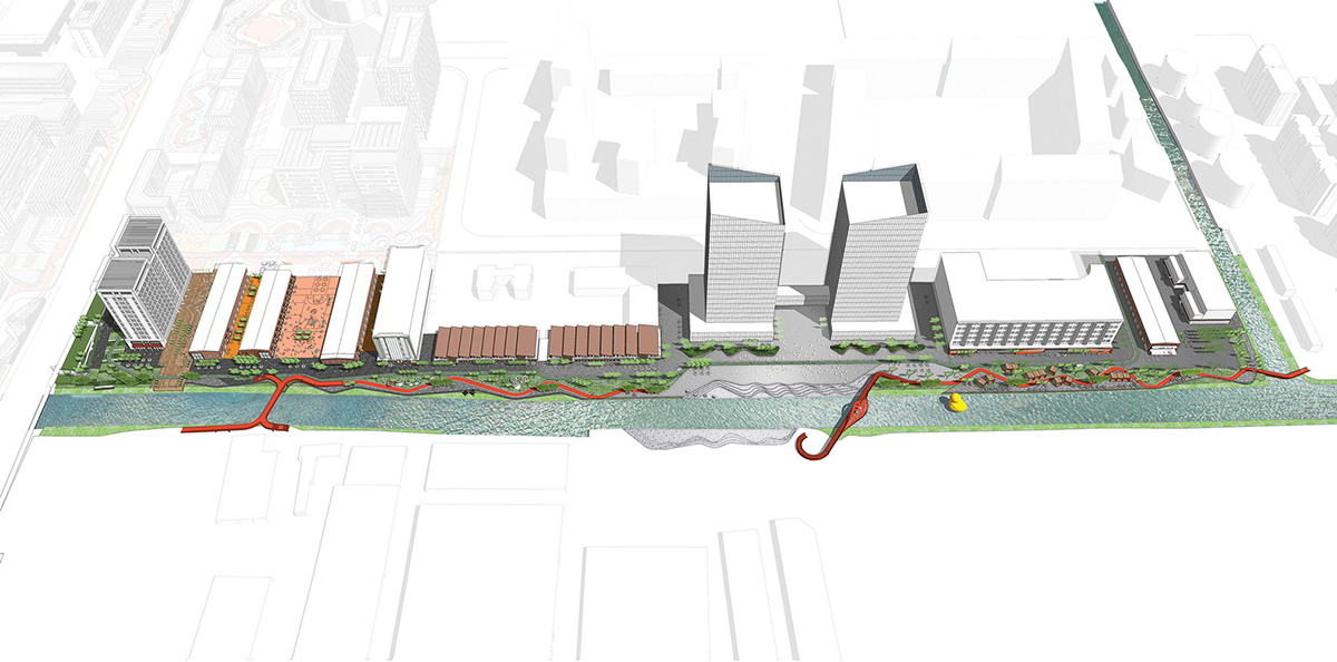 SPARK translates diatom into red-colored 3D-motifed pedestrian bridges and walkways in Shanghai 