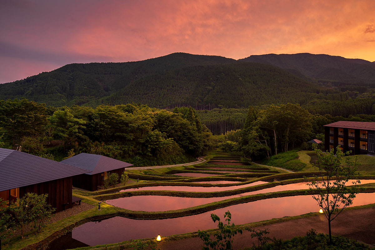 Kengo Kuma & Associates completes hot spring resort surrounded by cascading rice terraces in Kyushu