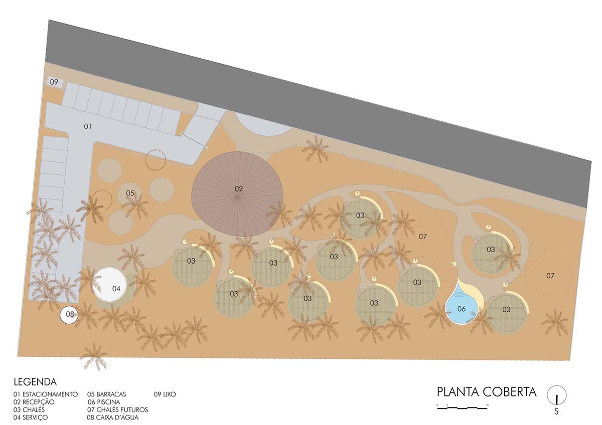 Lins Arquitetos Associados built village comprised of circular chalets overlooking coconut groves 