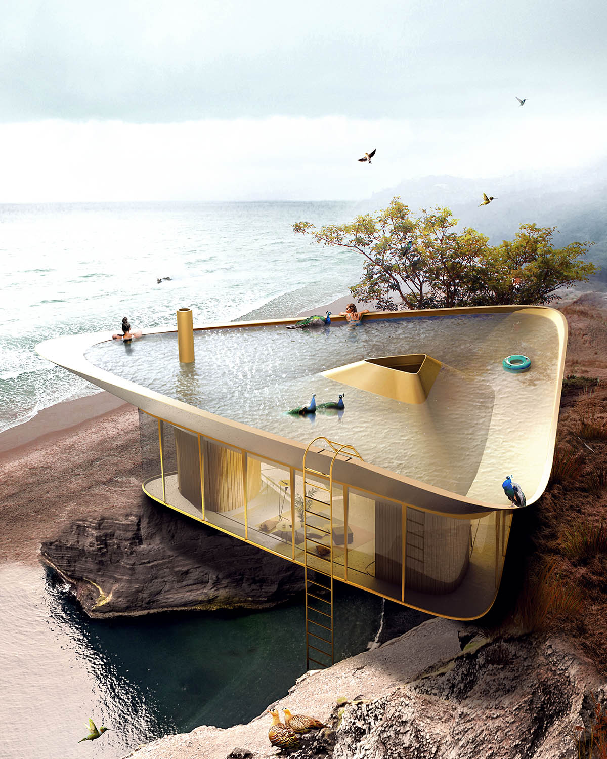 Antireality designed a summer house with reversed roof to create a swimming pool