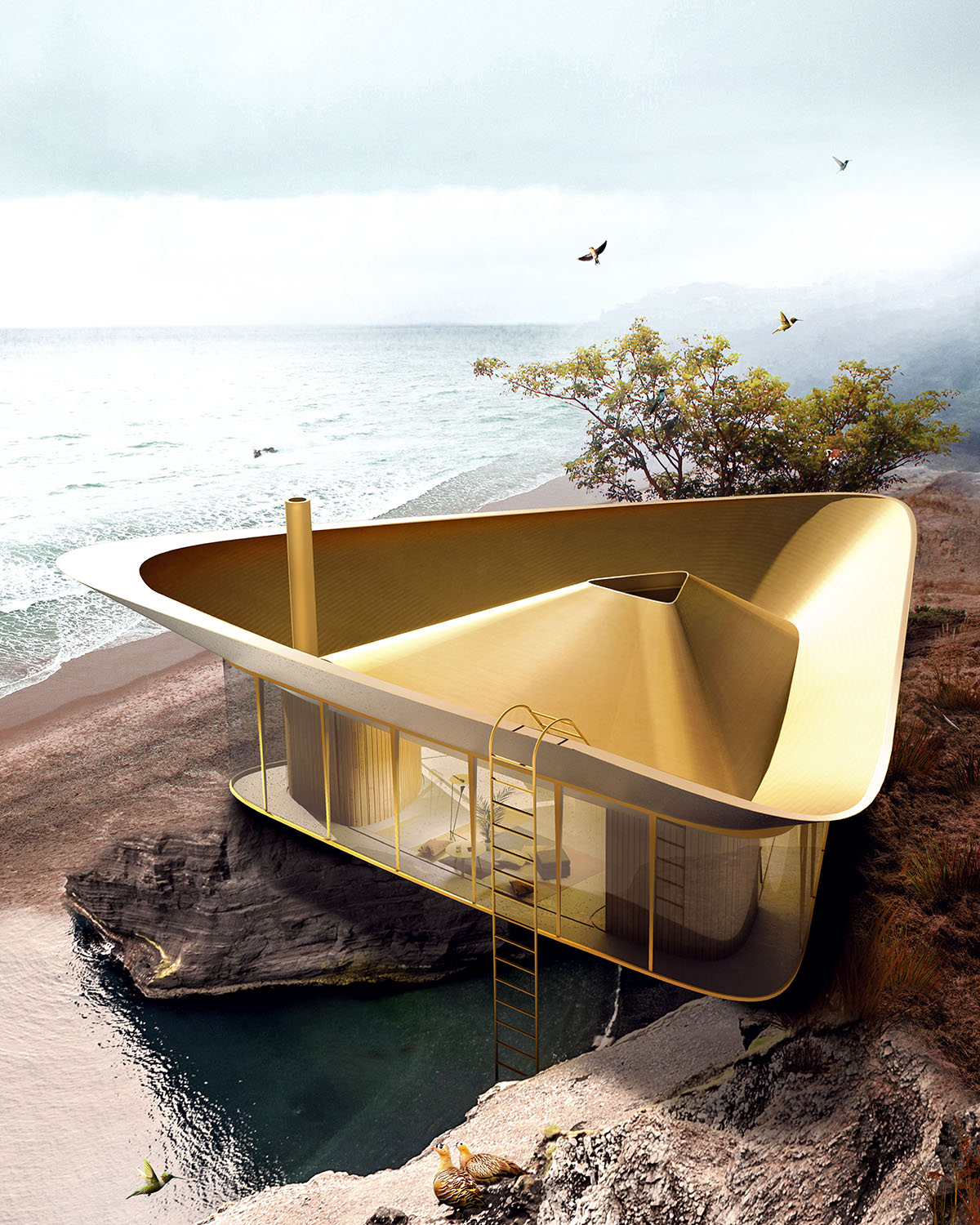 Antireality designed a summer house with reversed roof to create a swimming pool