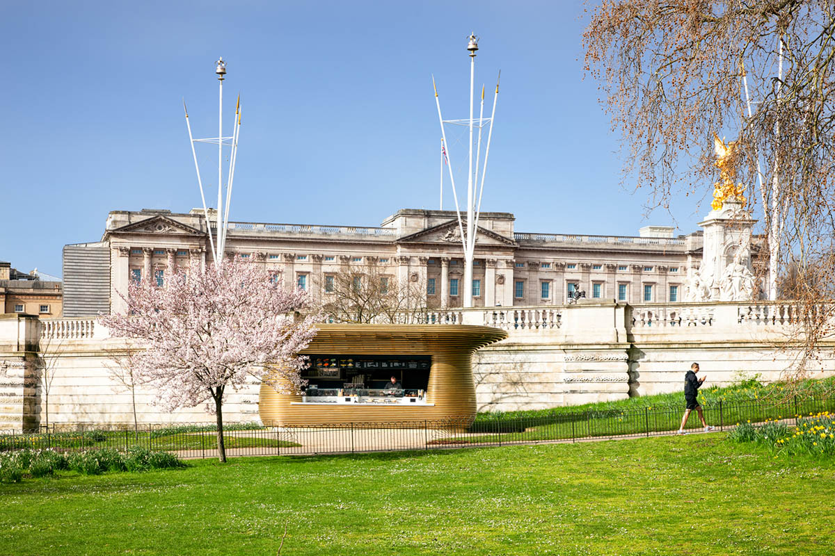 Coffee house by Mizzi Studio is made of sculptural brass skin with handcrafted details in London
