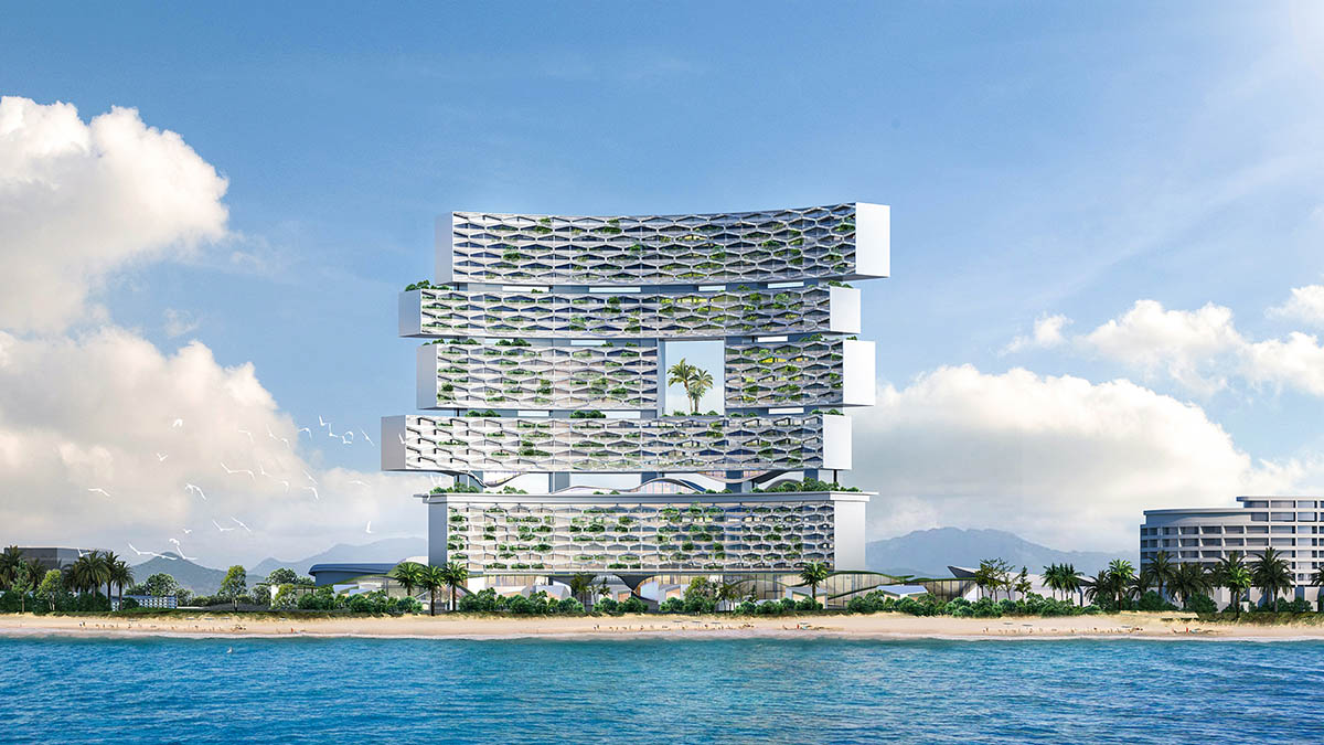 Büro Ole Scheeren unveils Sanya Horizons, a vertical tropical resort featuring hanging gardens