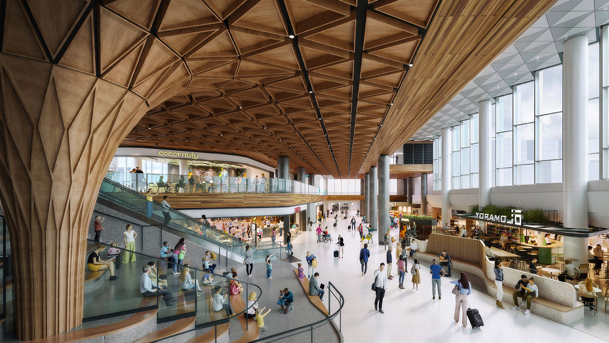 Партнерство Miller Hull и Woods Bagot расширяют аэропорт SEA с помощью скульптурной деревянной колонны 