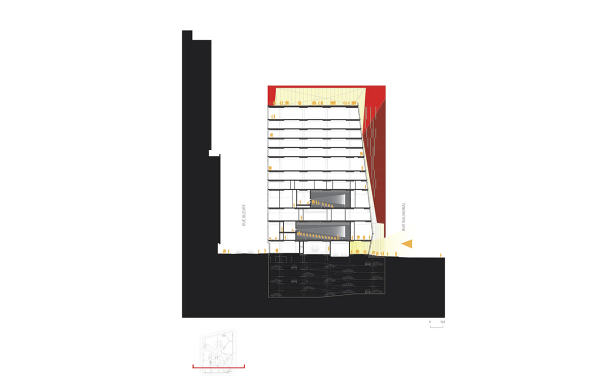 Provencher_Roy carves mixed-use office tower in Montréal with a red-colored diagonal slit