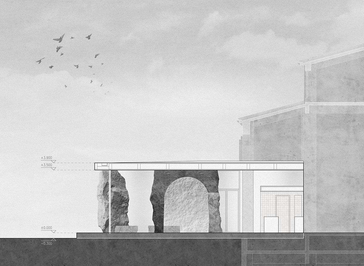 B.L.U.E. Architecture Studio adds a glazed cafe by using organic forms of stones to an open plaza