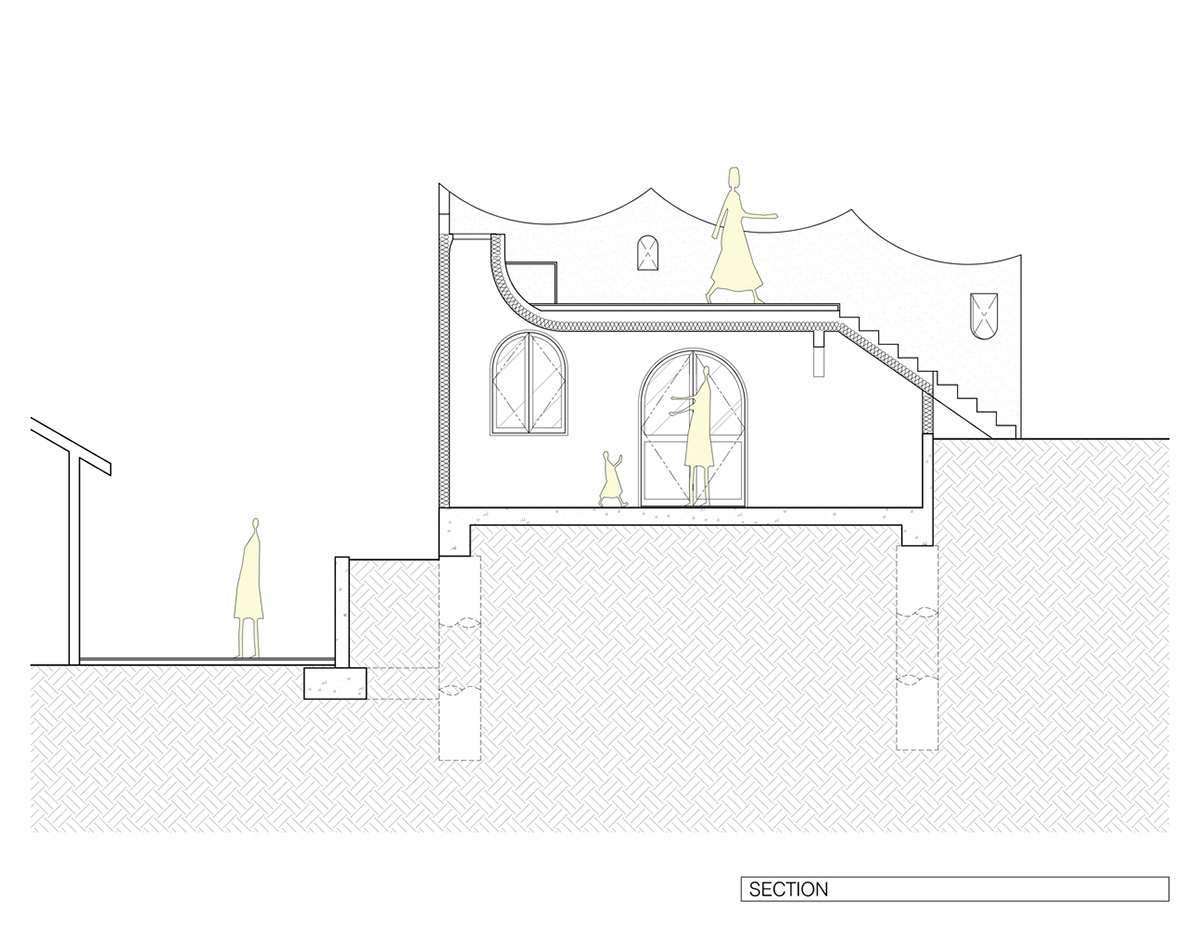 Filmmaker's writing studio is crowned with curved-profiled wall at the backyard of a house in LA