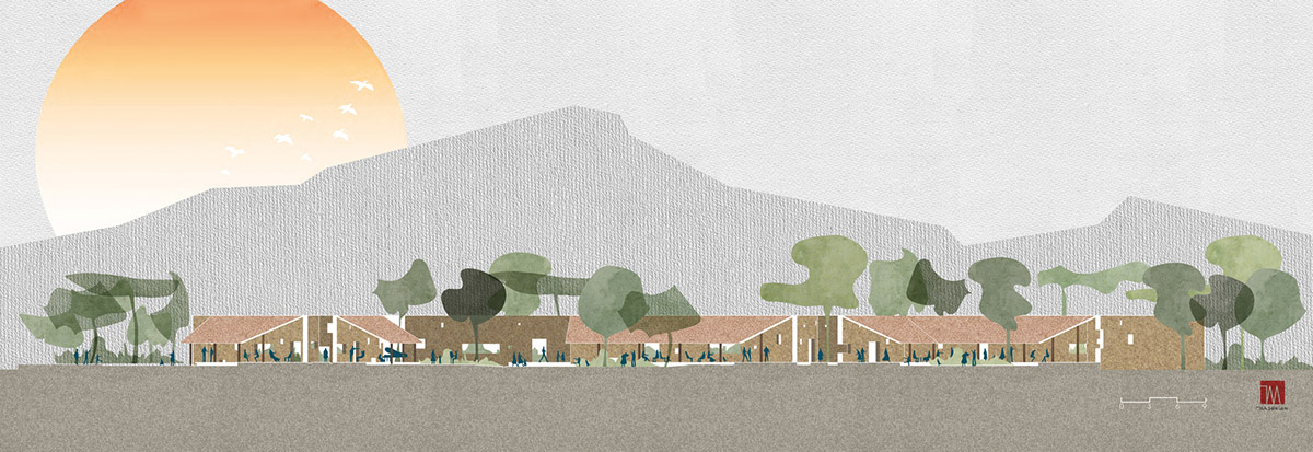 TAA DESIGN built public space with pitched roofs and rough concrete walls painted with pink tones