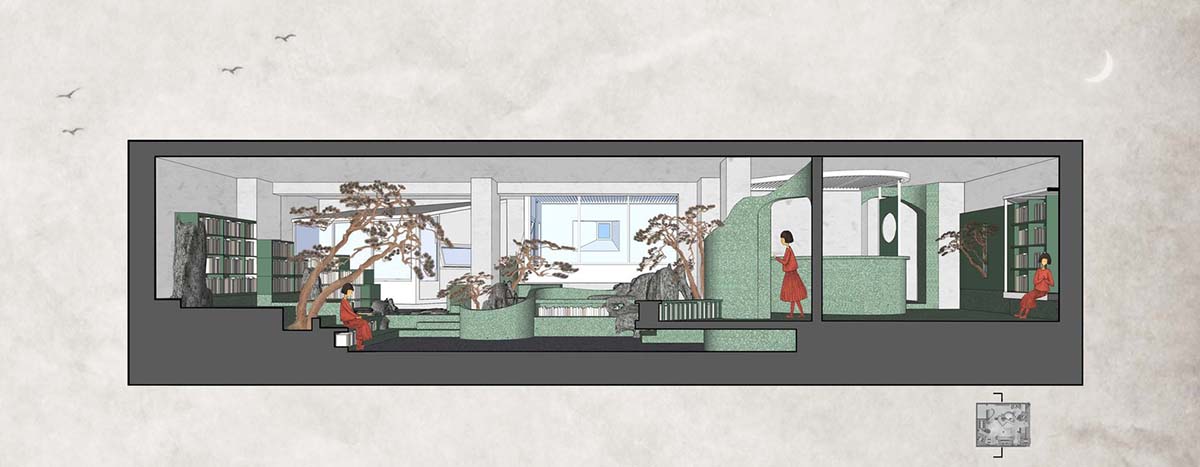 Jiejie Studio создает искусственный ландшафт для книжного магазина и чайханы с туманным прудом в Пекине 