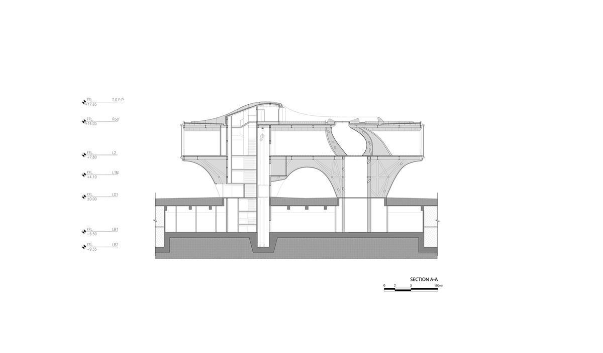 Community Center in Xi’an is raised on sculptural base that features a rippling effect