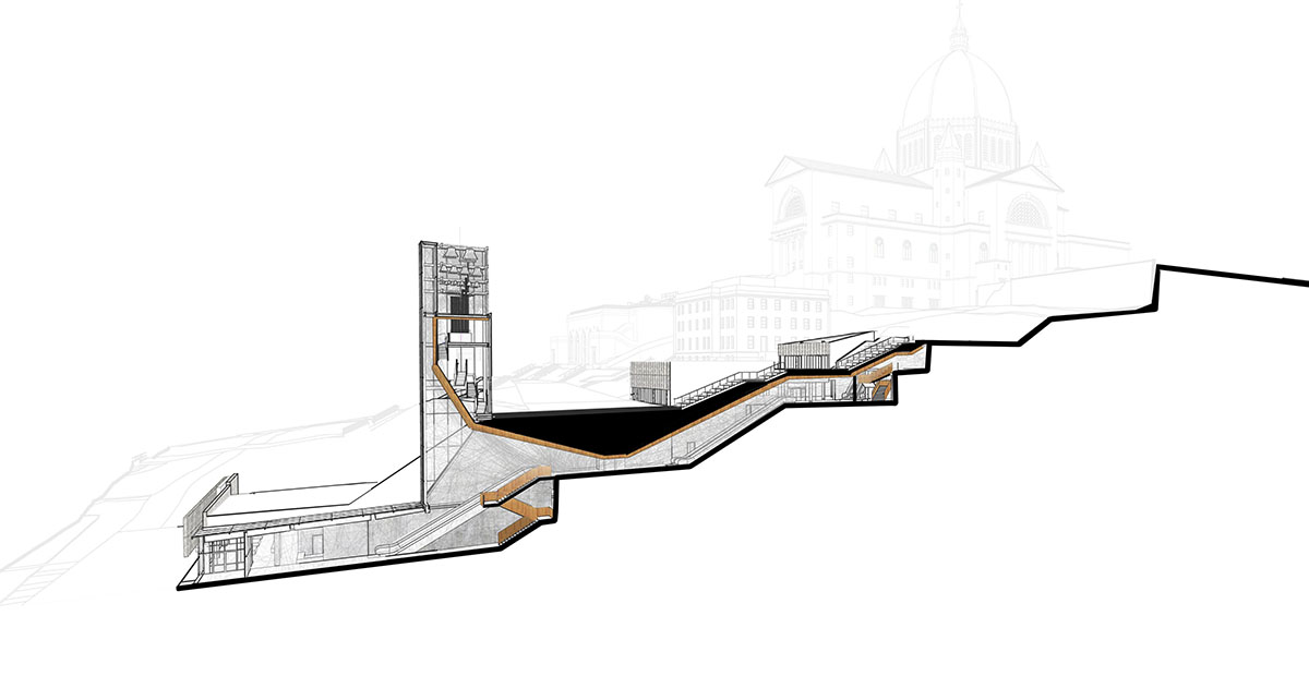 A striking bell tower pierces the sky, illuminating the grandeur of the pavilion in Montreal