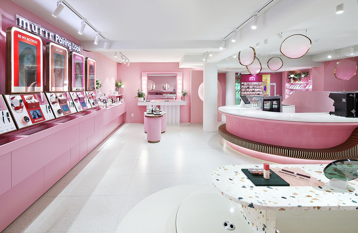 Collective B's beauty shop in South Korea features pink-hued colors and layered walls