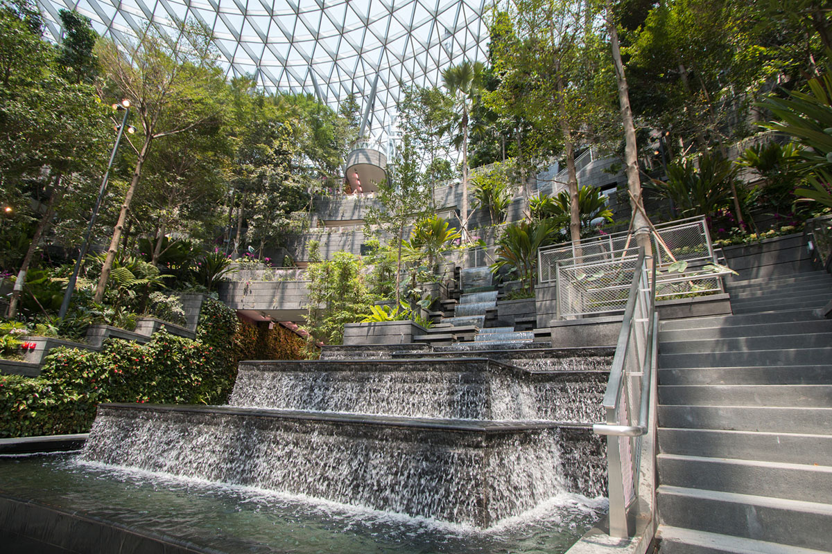 World's tallest indoor waterfall by Safdie Architects completed at Jewel Changi Airport