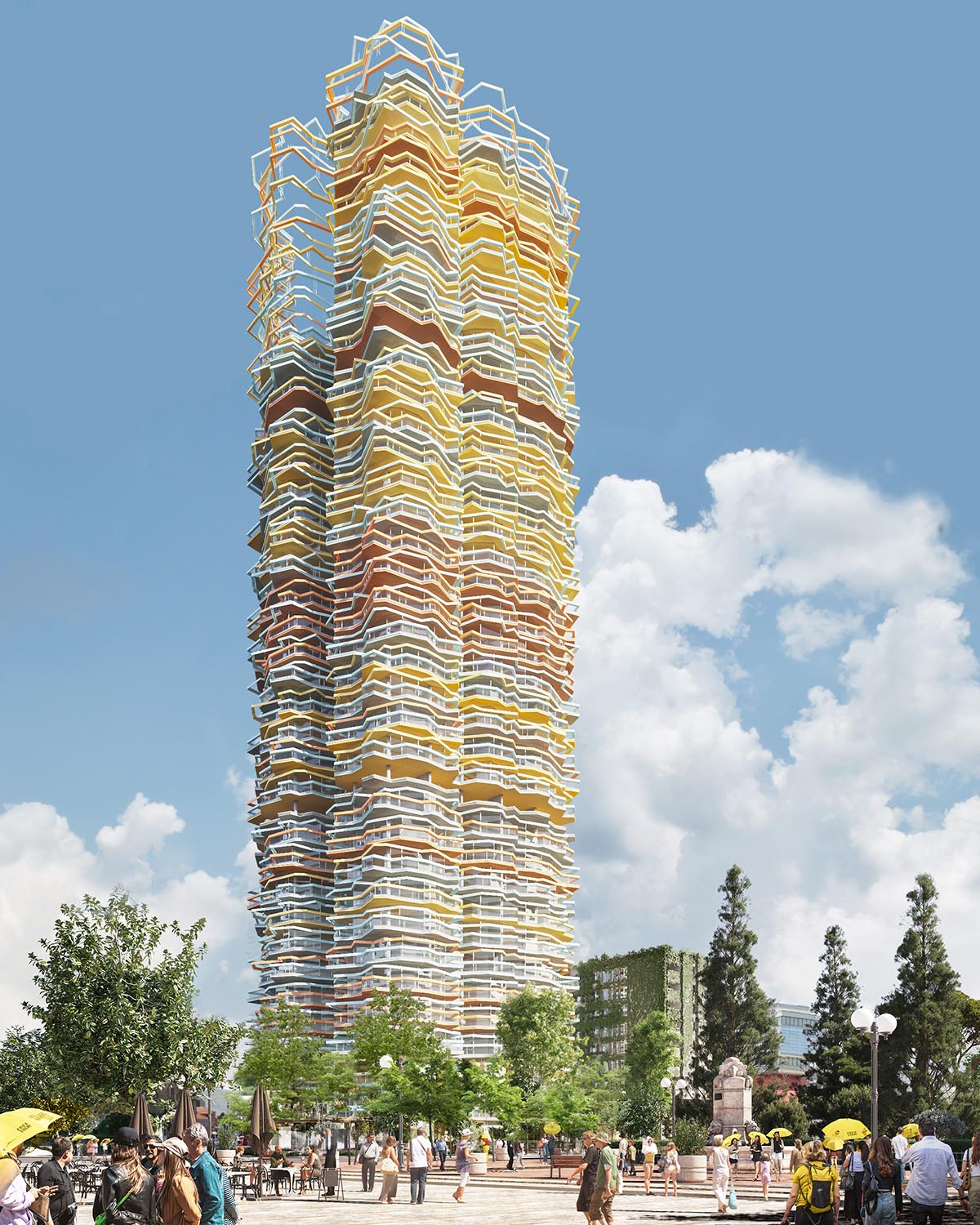 Selgascano and FRPO win competition for Rozafa Tower featuring a cracked colorful facade