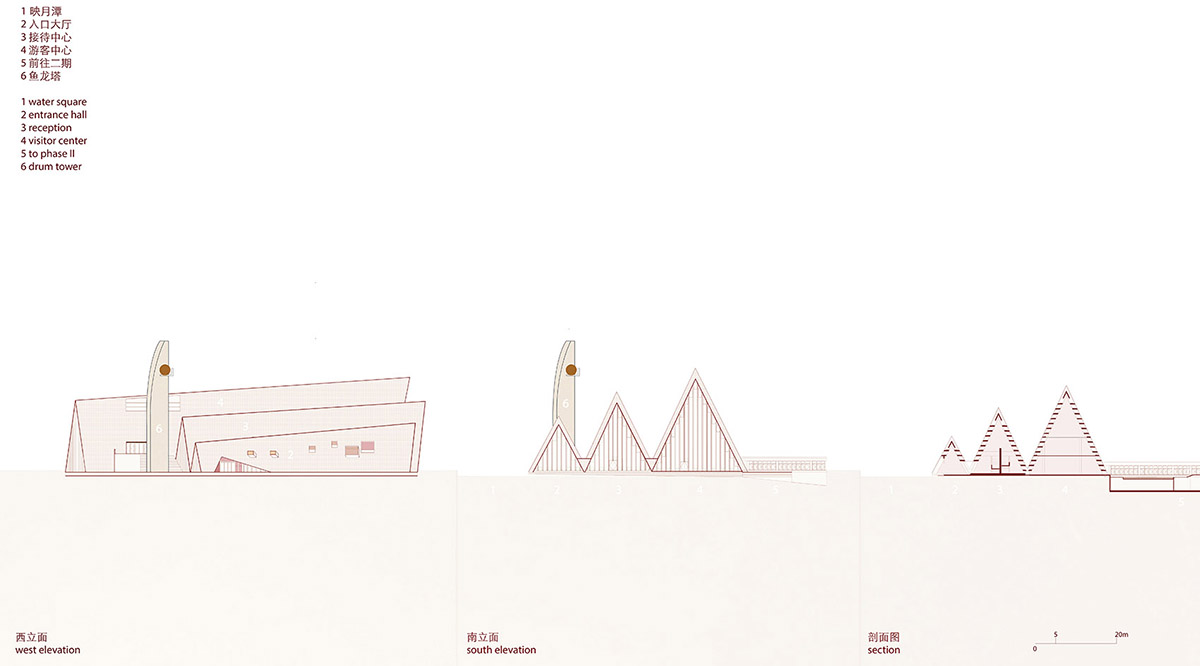 Three heavy concrete structures are inspired by Shui language and character of mountains in China