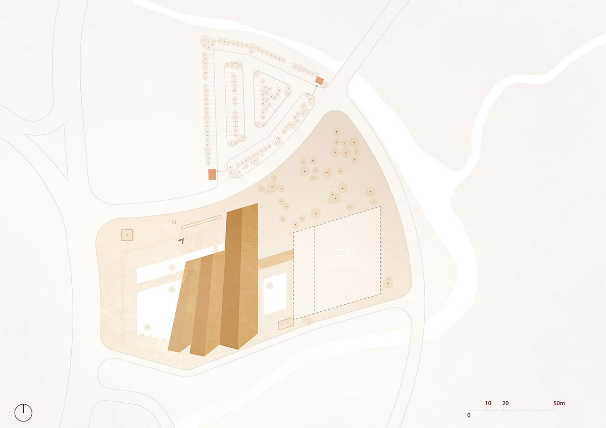 Three heavy concrete structures are inspired by Shui language and character of mountains in China