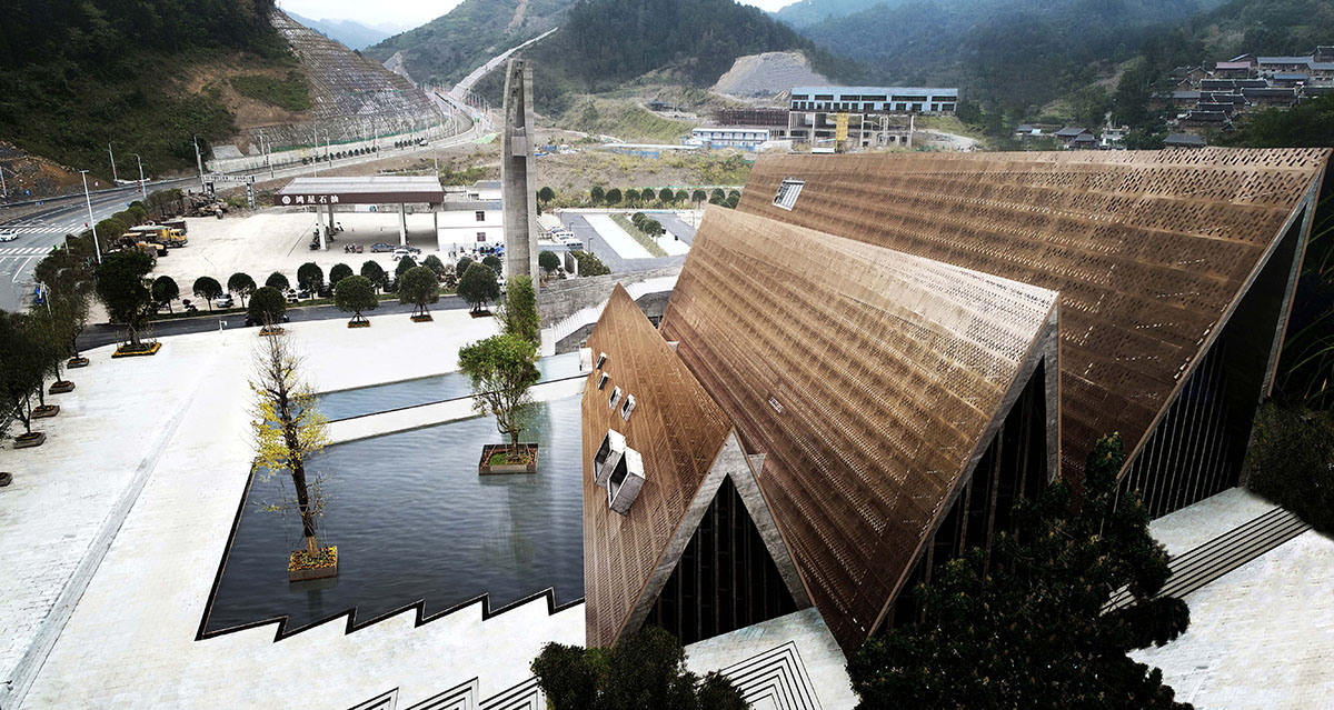 Three heavy concrete structures are inspired by Shui language and character of mountains in China