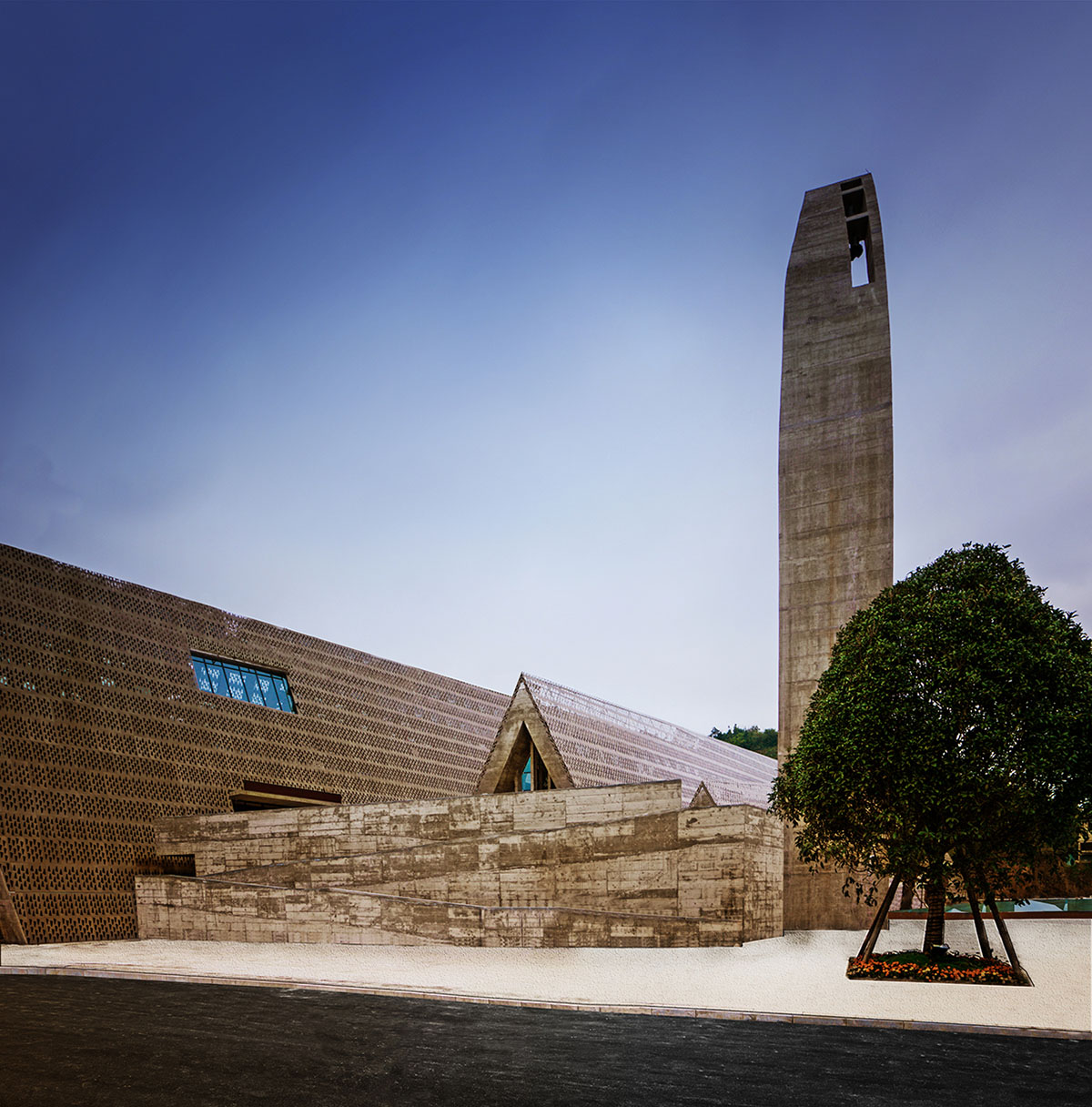 Three heavy concrete structures are inspired by Shui language and character of mountains in China