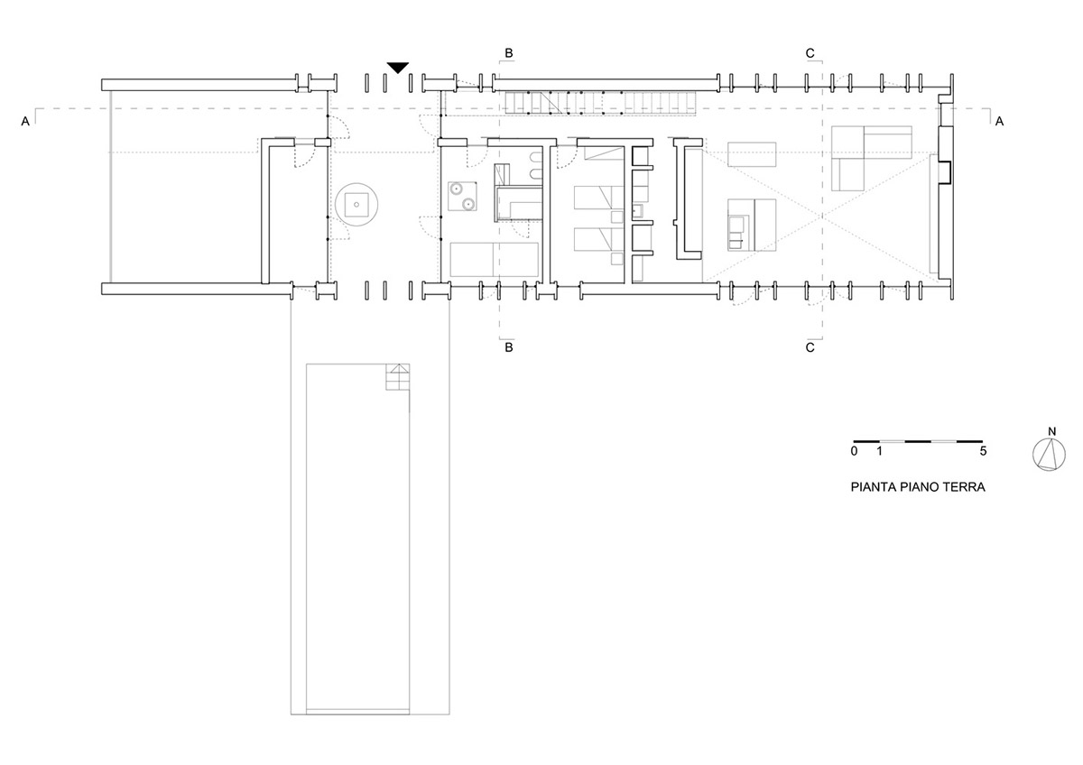 White and reddish strips are used to create cinematic appearance for Border Crossing House in Italy