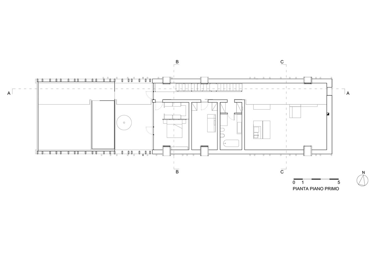 White and reddish strips are used to create cinematic appearance for Border Crossing House in Italy