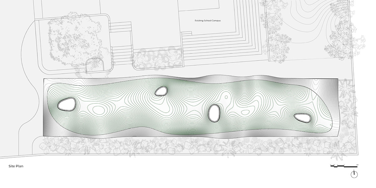 Undulating roof covers Cocoon School for unobstructed space in India 