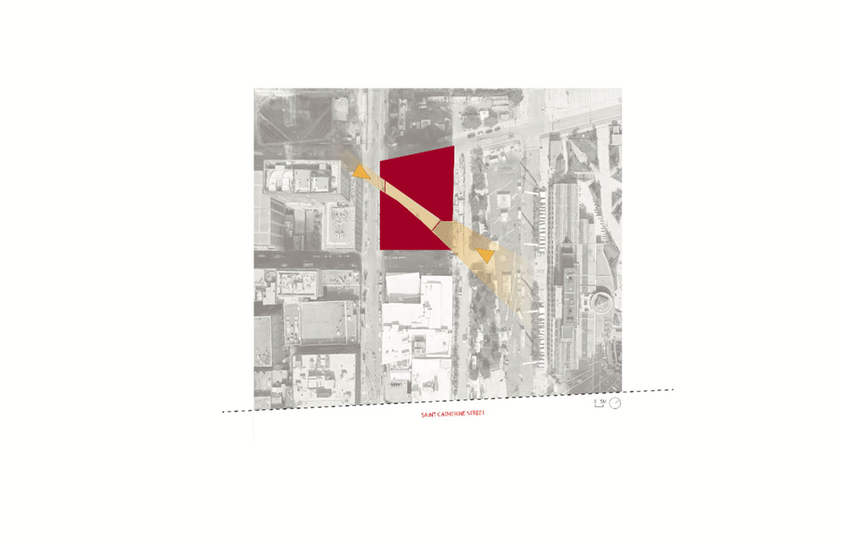 Provencher_Roy carves mixed-use office tower in Montréal with a red-colored diagonal slit