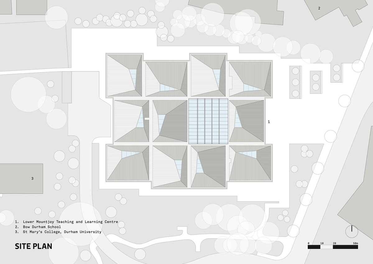 FaulknerBrowns Architects completes teaching and learning centre with pyramidal roofs in Durham