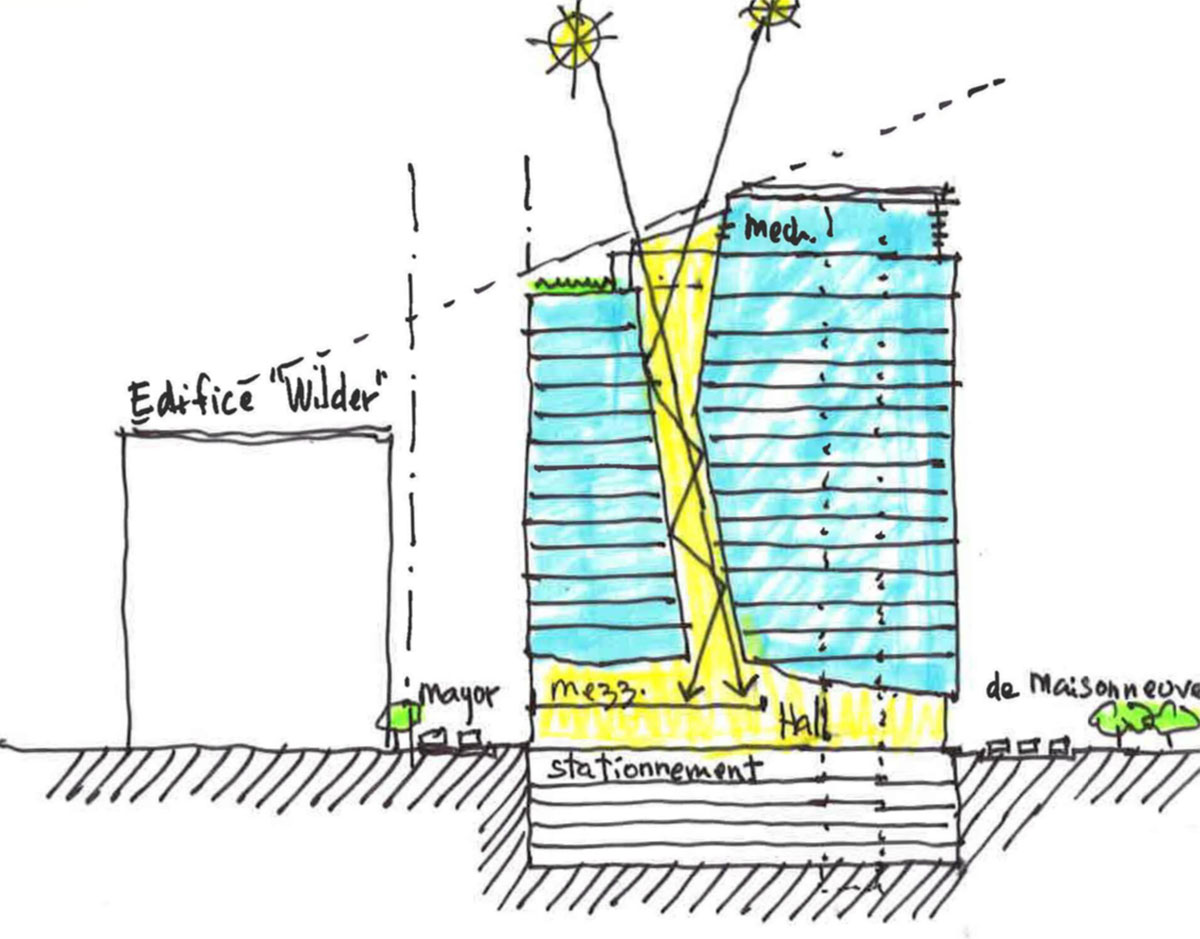 Provencher_Roy carves mixed-use office tower in Montréal with a red-colored diagonal slit