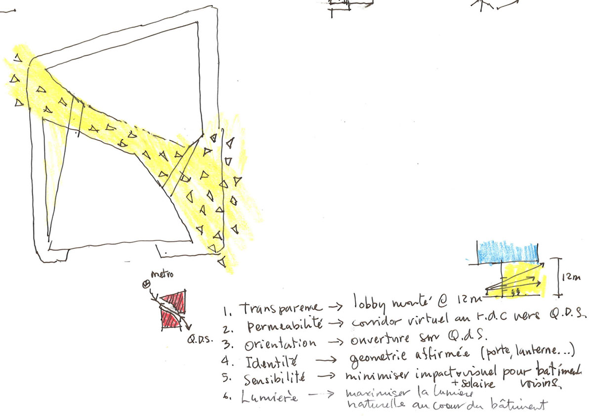 Provencher_Roy carves mixed-use office tower in Montréal with a red-colored diagonal slit