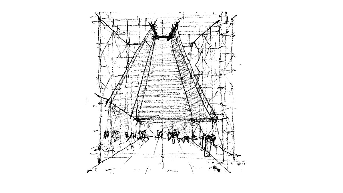 Aire Pavilion wrapped by giant scaffolding represents 