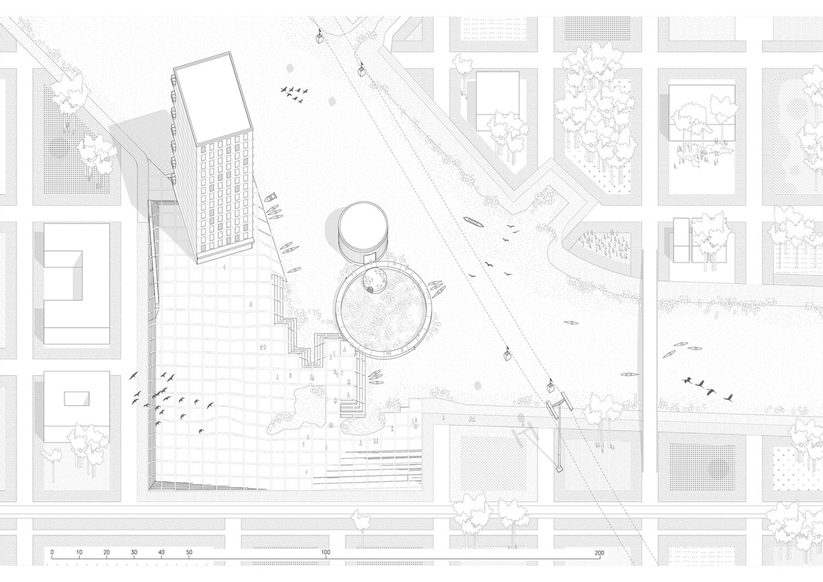 Studio Ossidiana combines three tangential rings to create pinkish floating art pavilion in Almere