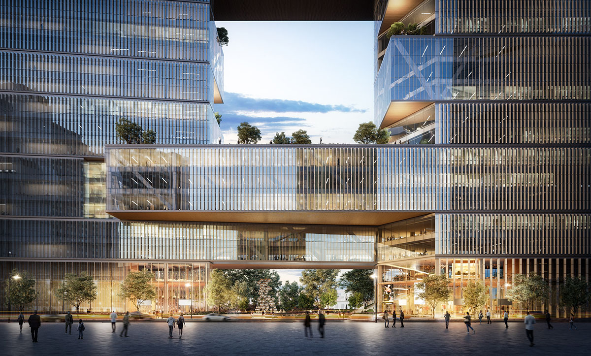 SOM's office complex revives Buenos Aires&rsquo; waterfront with two intertwined trapezoidal glazed towers