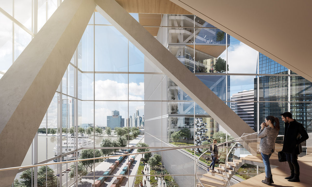 SOM's office complex revives Buenos Aires&rsquo; waterfront with two intertwined trapezoidal glazed towers