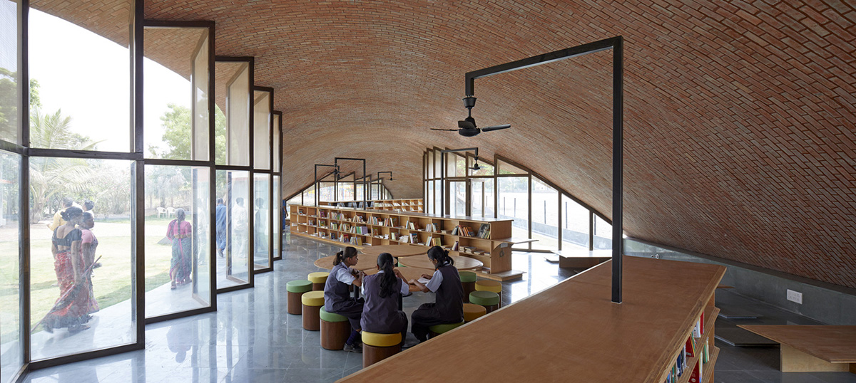 Sameep Padora & Associates built this children's library with curved brick roof in Maharashtra