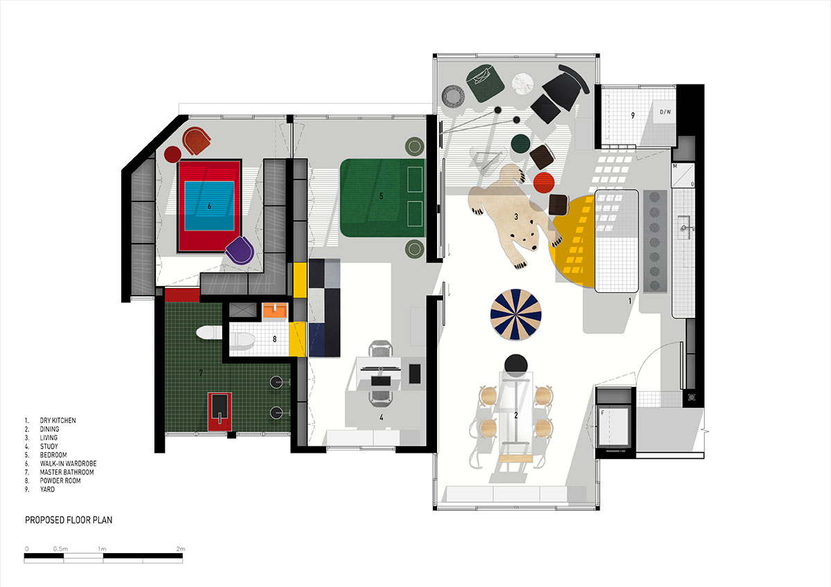 SPARK redesigns brutalist apartment with geometric and colorful objects in Singapore