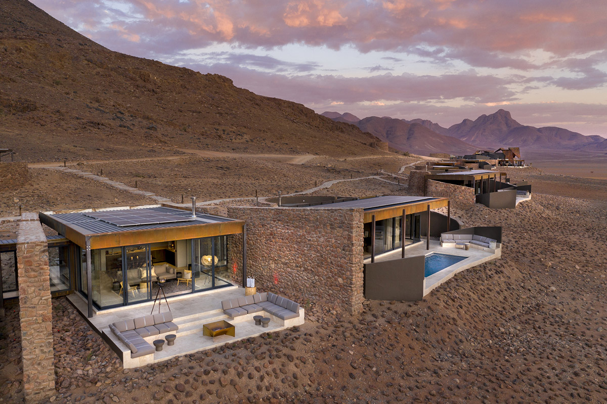 Fox Browne Creative and Jack Alexander design pavilion-like steel lodges on a desert of Namibia