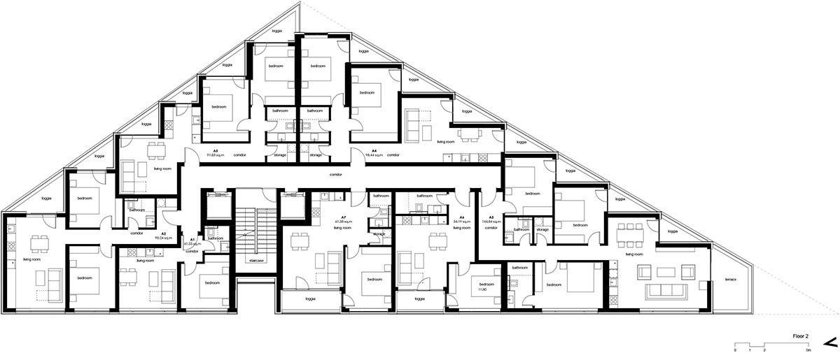Sharp triangular balconies define this residential block designed by STARH in Bulgaria