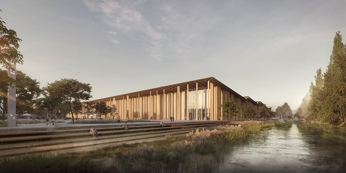 Kengo Kuma and Associates designs Strasbourg Exhibition Park with wooden vertical elements in France