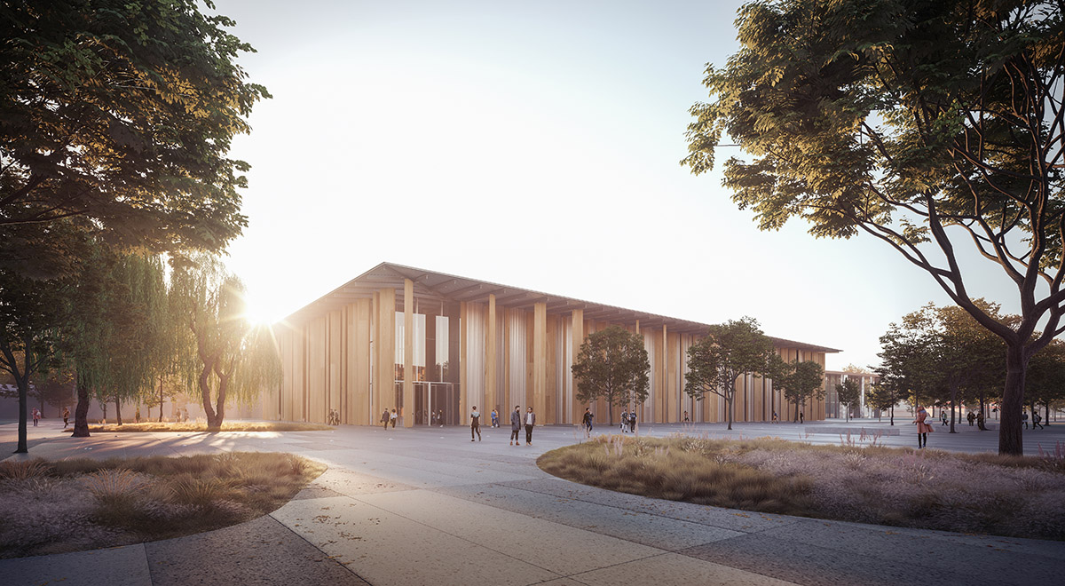 Kengo Kuma and Associates designs Strasbourg Exhibition Park with wooden vertical elements in France