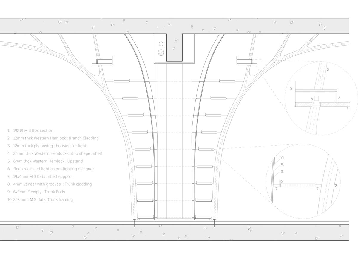 studio Hinge embeds a library under the wooden tree-like canopies in Mumbai