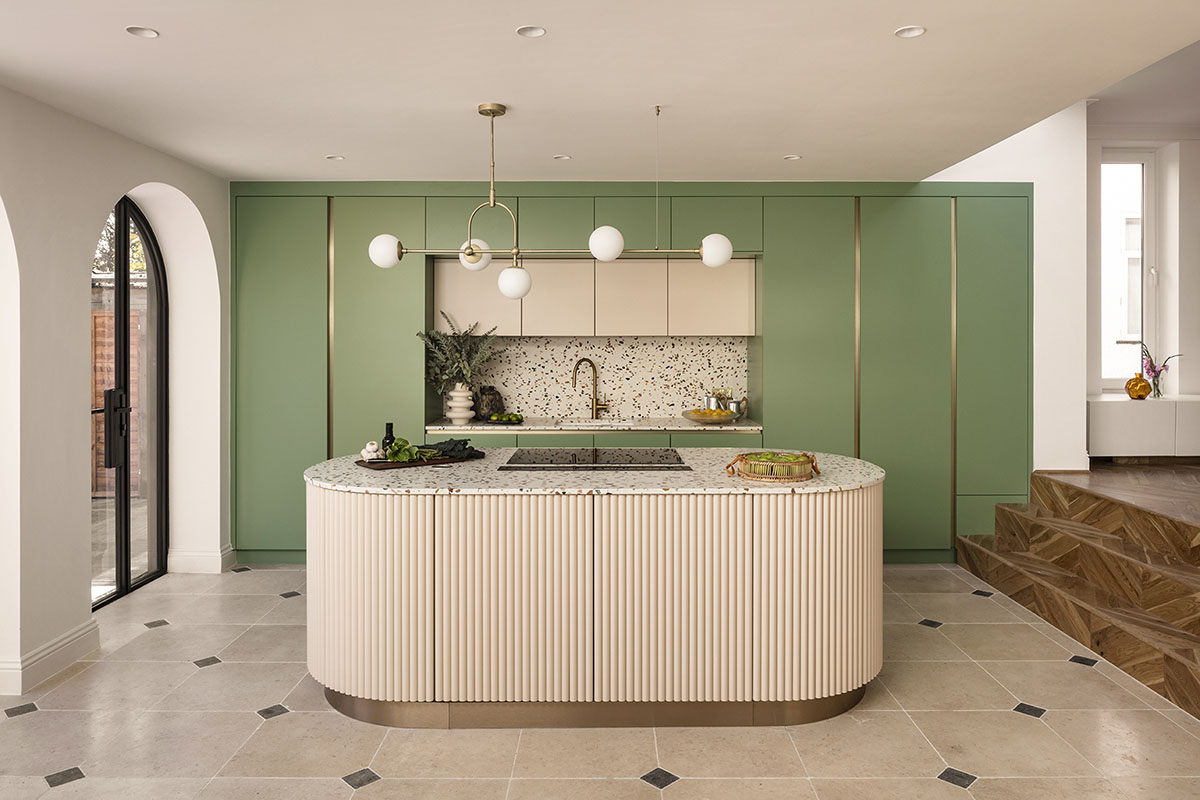 Studio Jayga Architects creates greenish and powder-colored interiors featuring arched doors in Essex