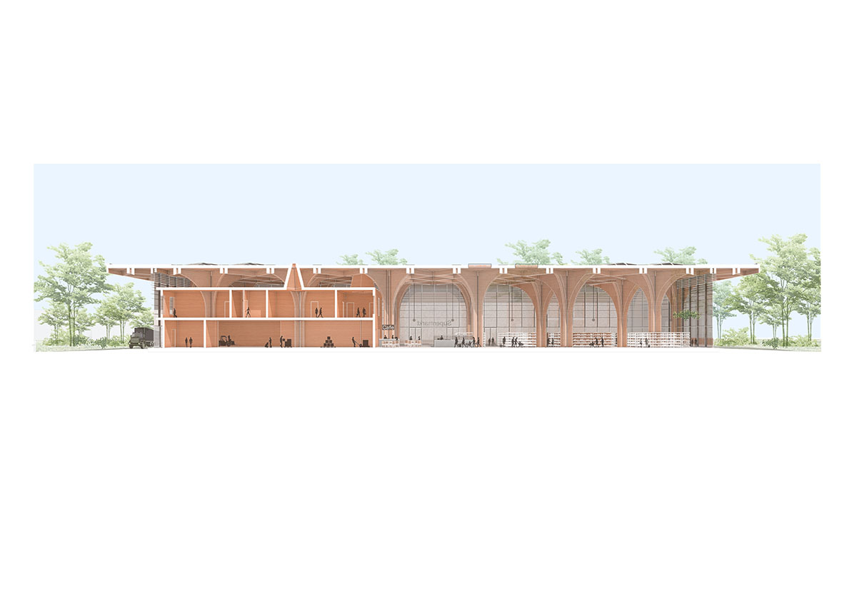 De Zwarte Hond built cathedral-like market hall with net-like wooden trusses and columns in Groningen