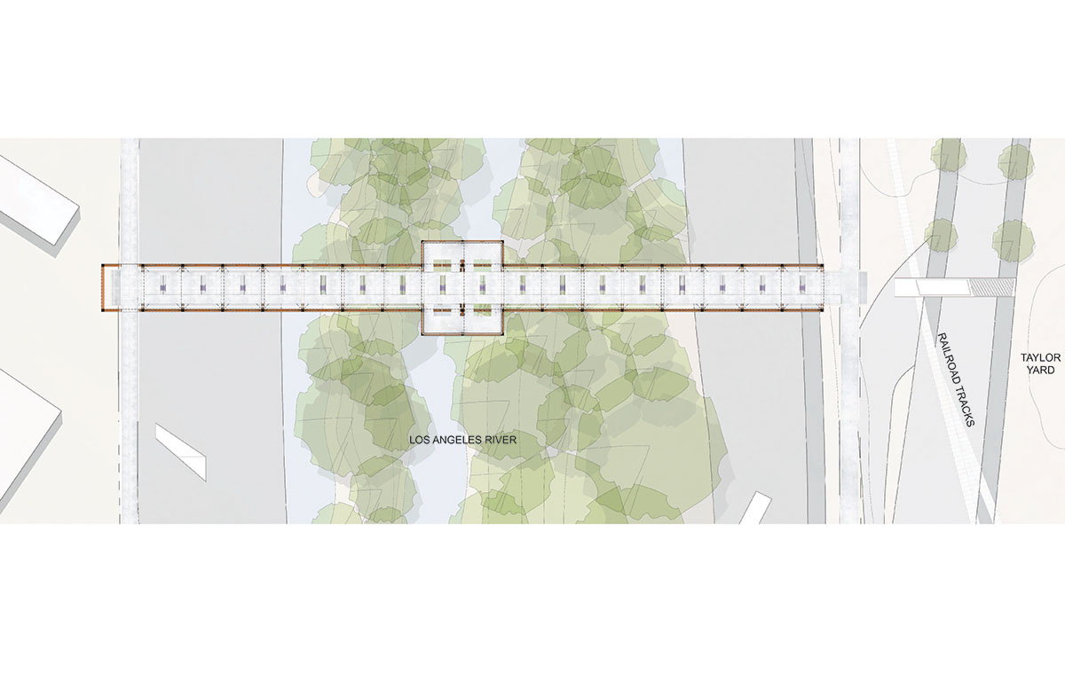 SPF:architects completes bicycle and pedestrian bridge with orange steel boxes on Los Angeles river  
