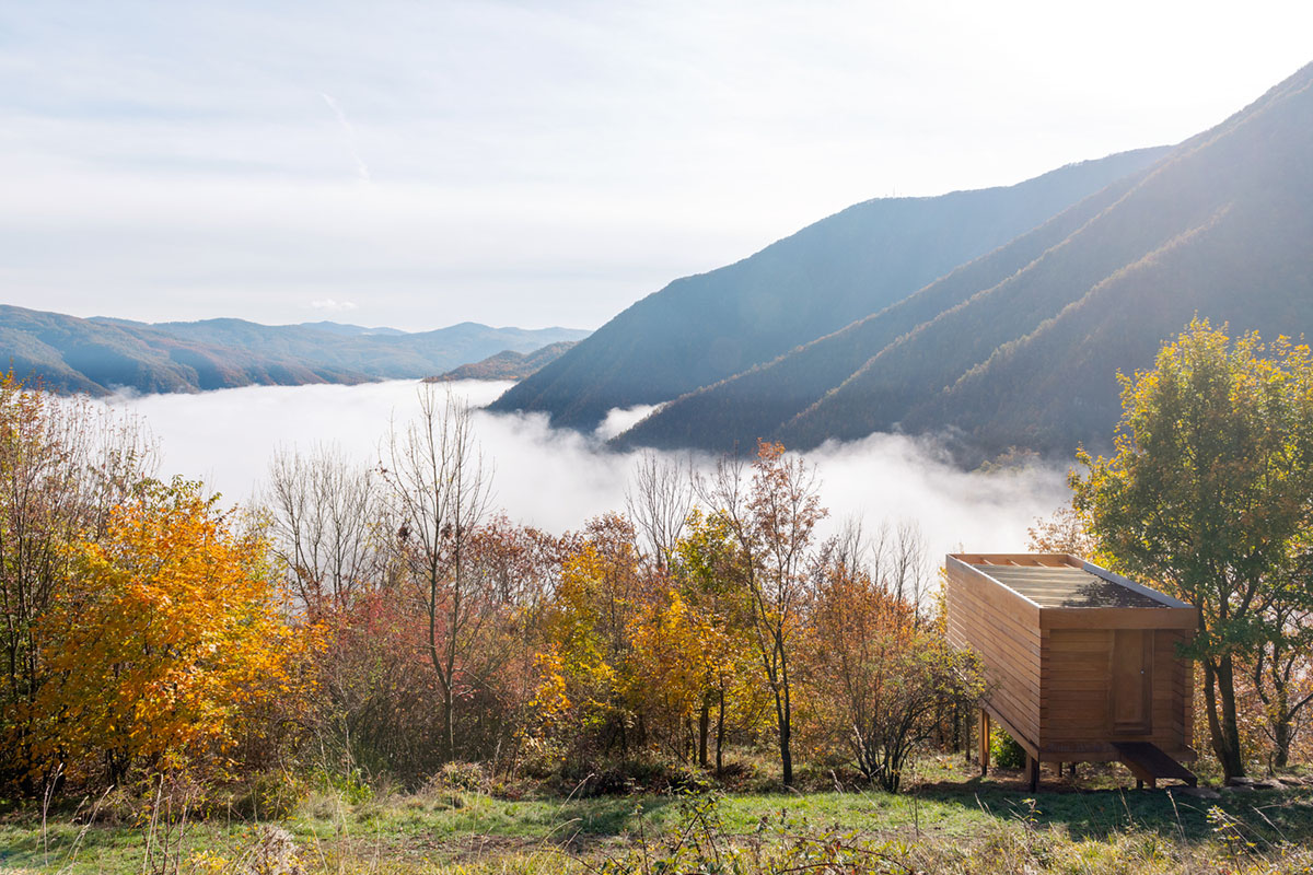 The Hermitage cabin is entirely built from wood as a space for contemplation on Trebbia Valley, Italy