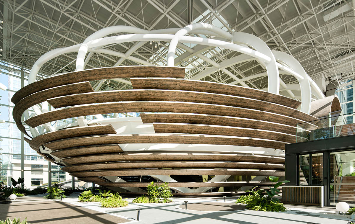 M Moser Associates builds art center featuring an egg-shaped nest emerging from the cocoon 