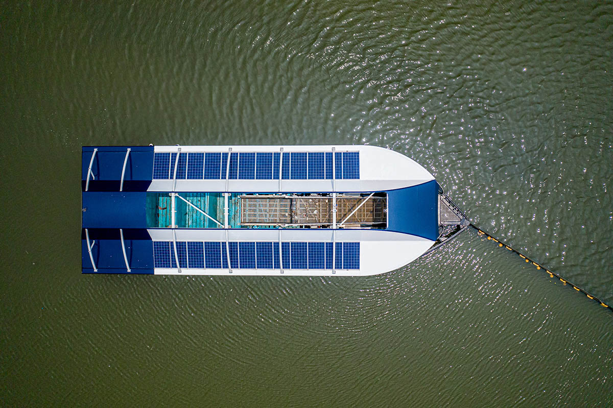 The Ocean Cleanup unveils floating interceptor removing plastic waste from oceans